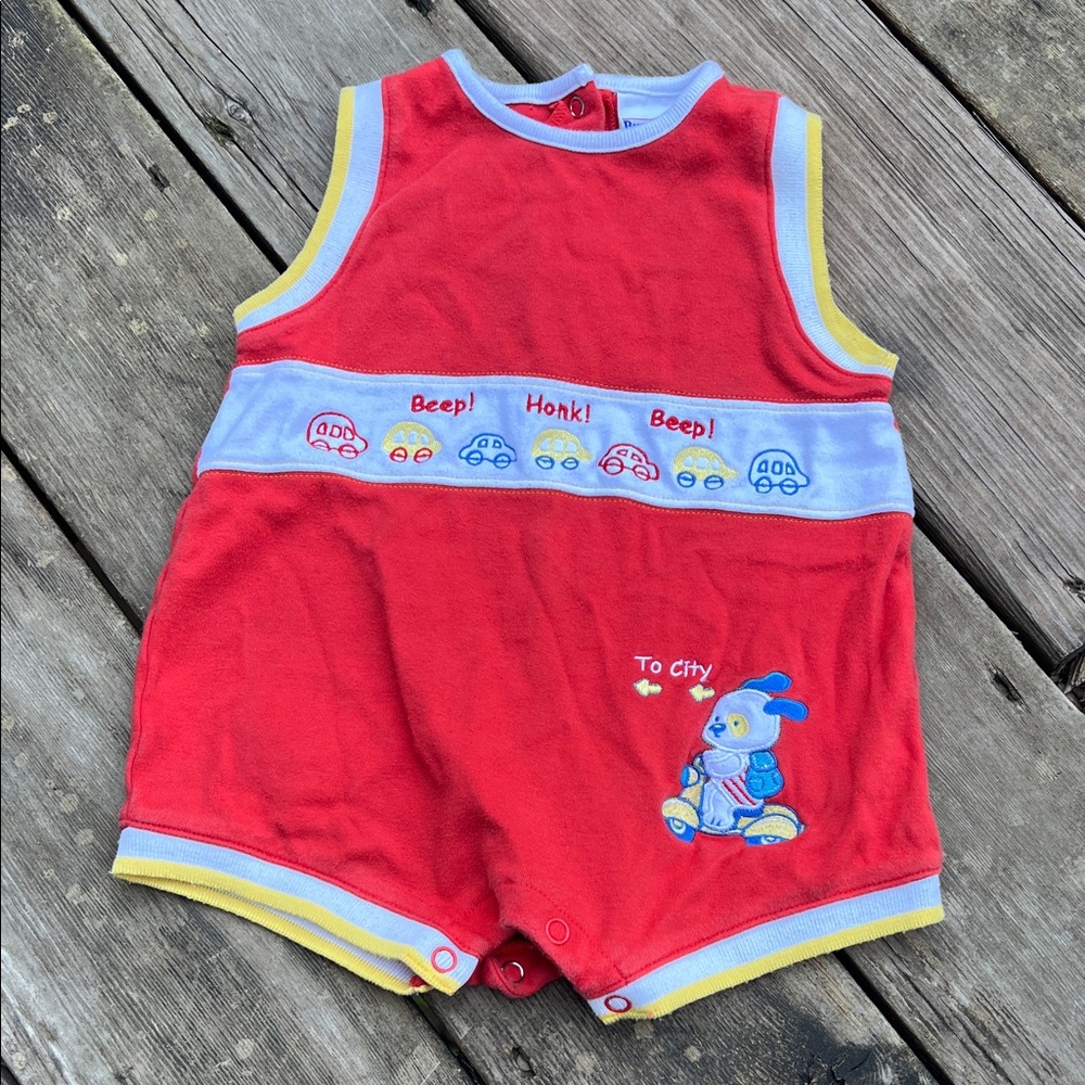 Vintage Baby Buster Brown 12 Month Red Baby Romper with Car and Bunny Design